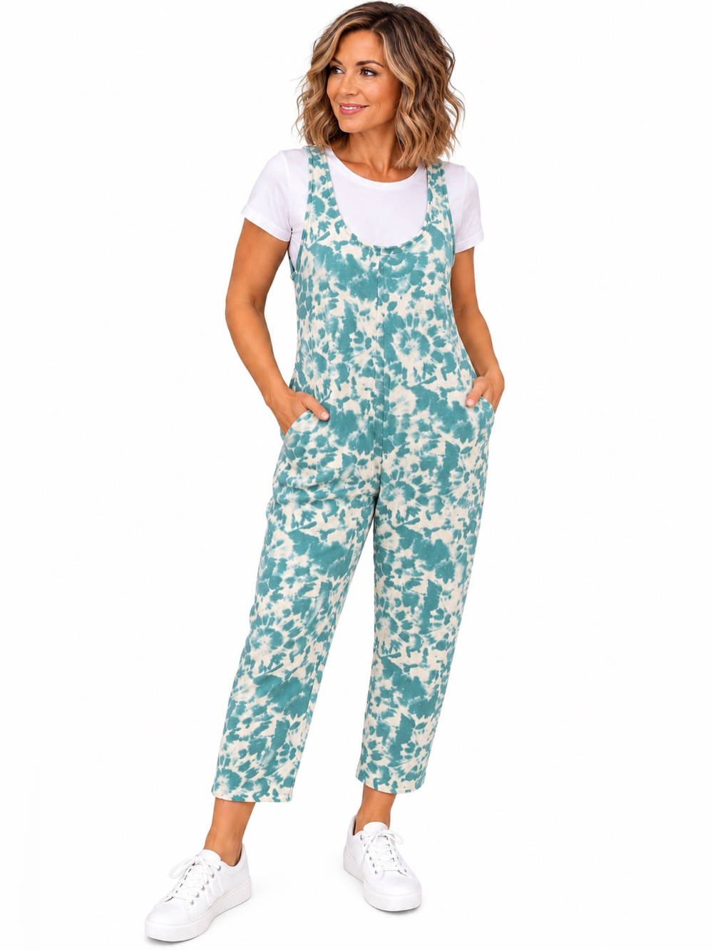 Colsie Jumpsuit Romper Medium Teal White Tie Dye Lounge Cropped Pockets